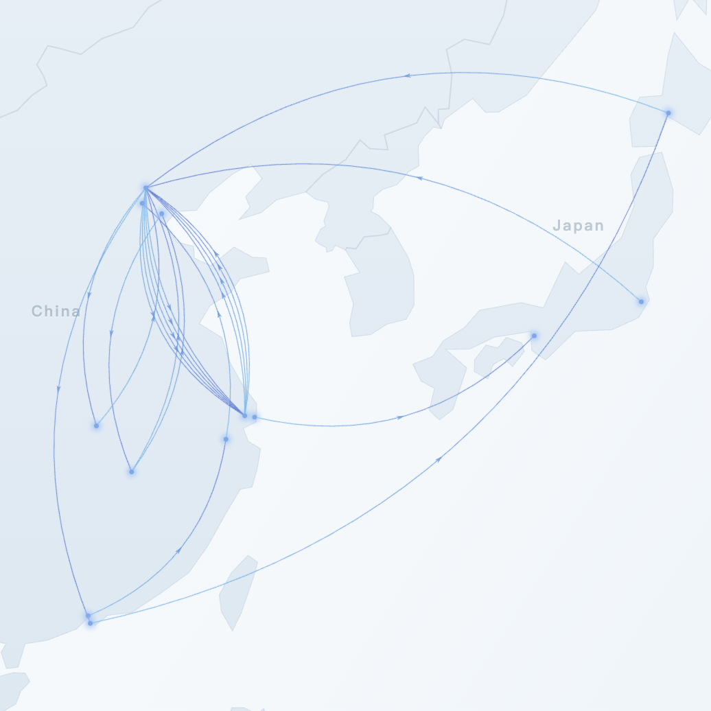 Map of East Asia showing the author's flight routes between airports in China and Japan.