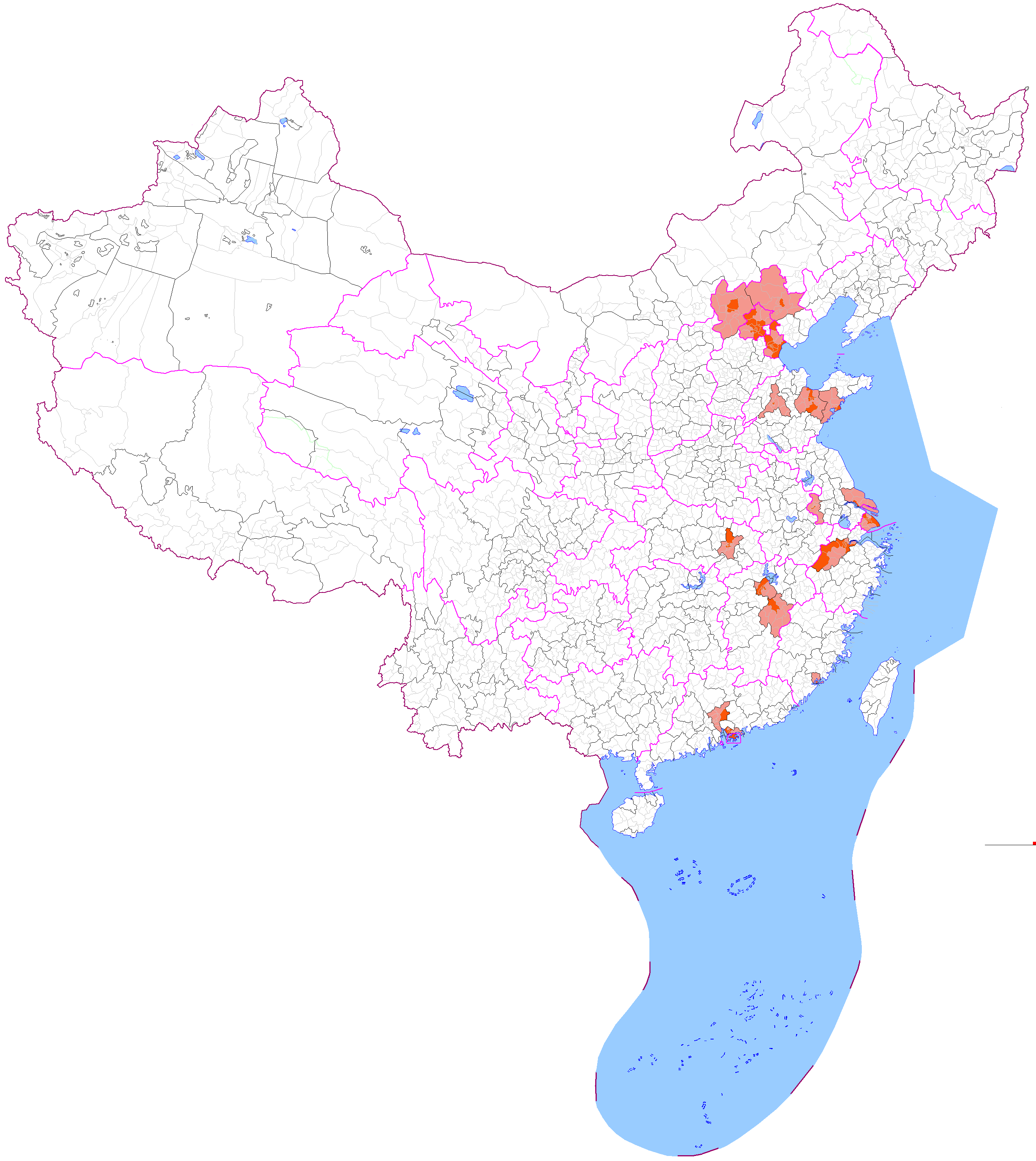 China map with highlighted visited areas